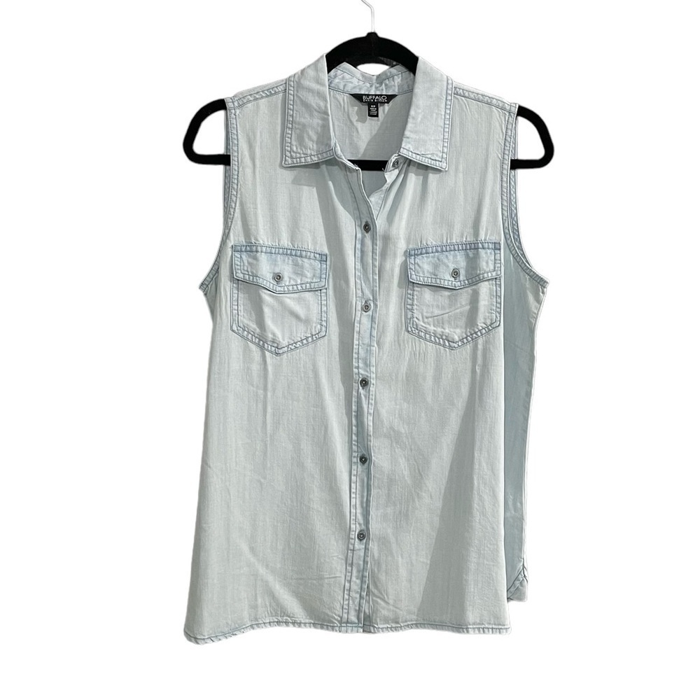 BUFFALO Sleeveless Button Front Blouse Chambray Light Blue S